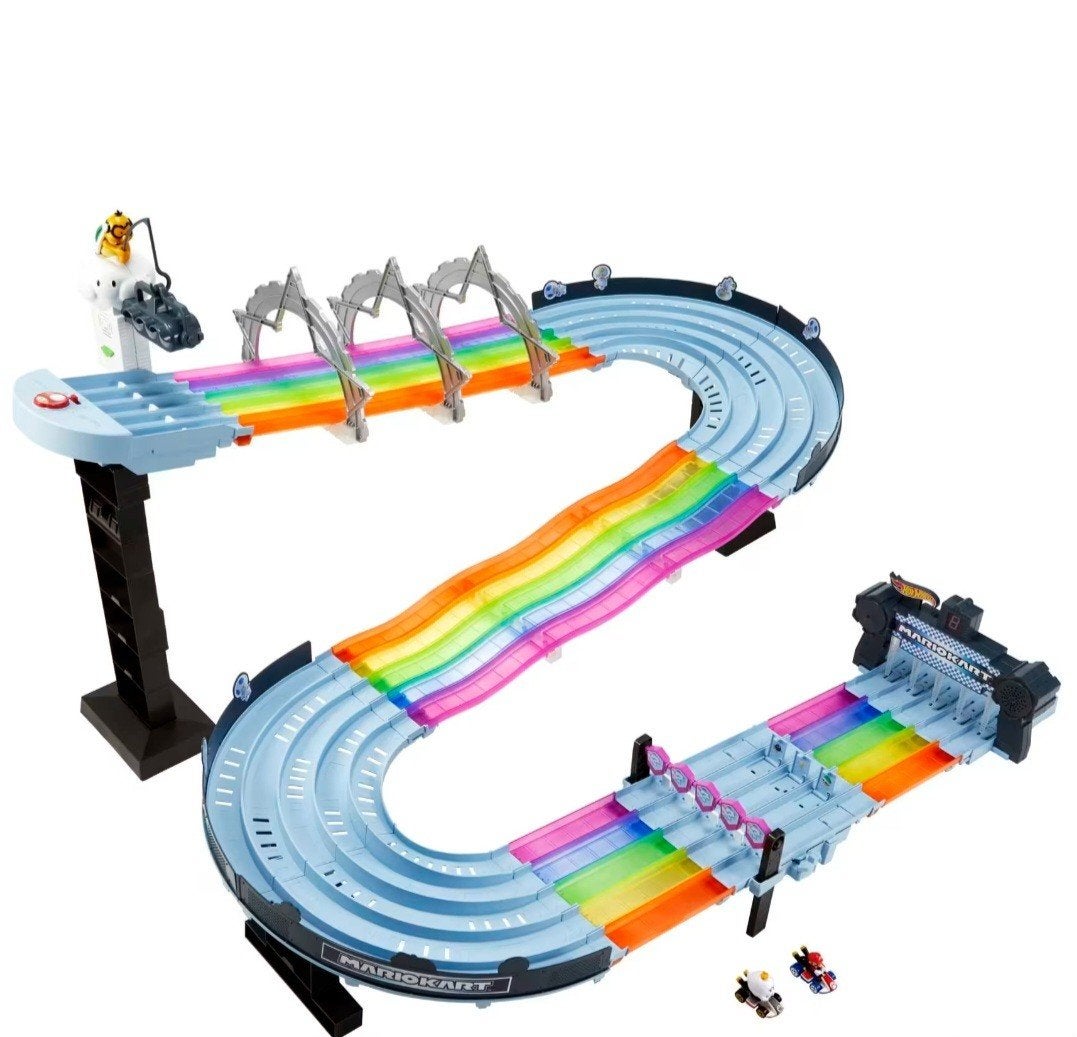 Hot Wheels Mario Kart Rainbow Road Racebaan met 6 auto's, Ophalen, Zo goed als nieuw, Hot Wheels
