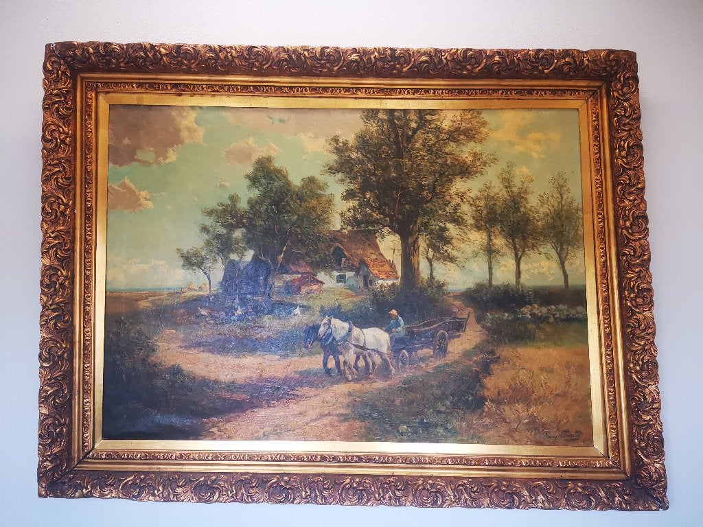 Royaal Henry Schouten Schilderij 134x178cm - Paarden & Kar, Ophalen of Verzenden