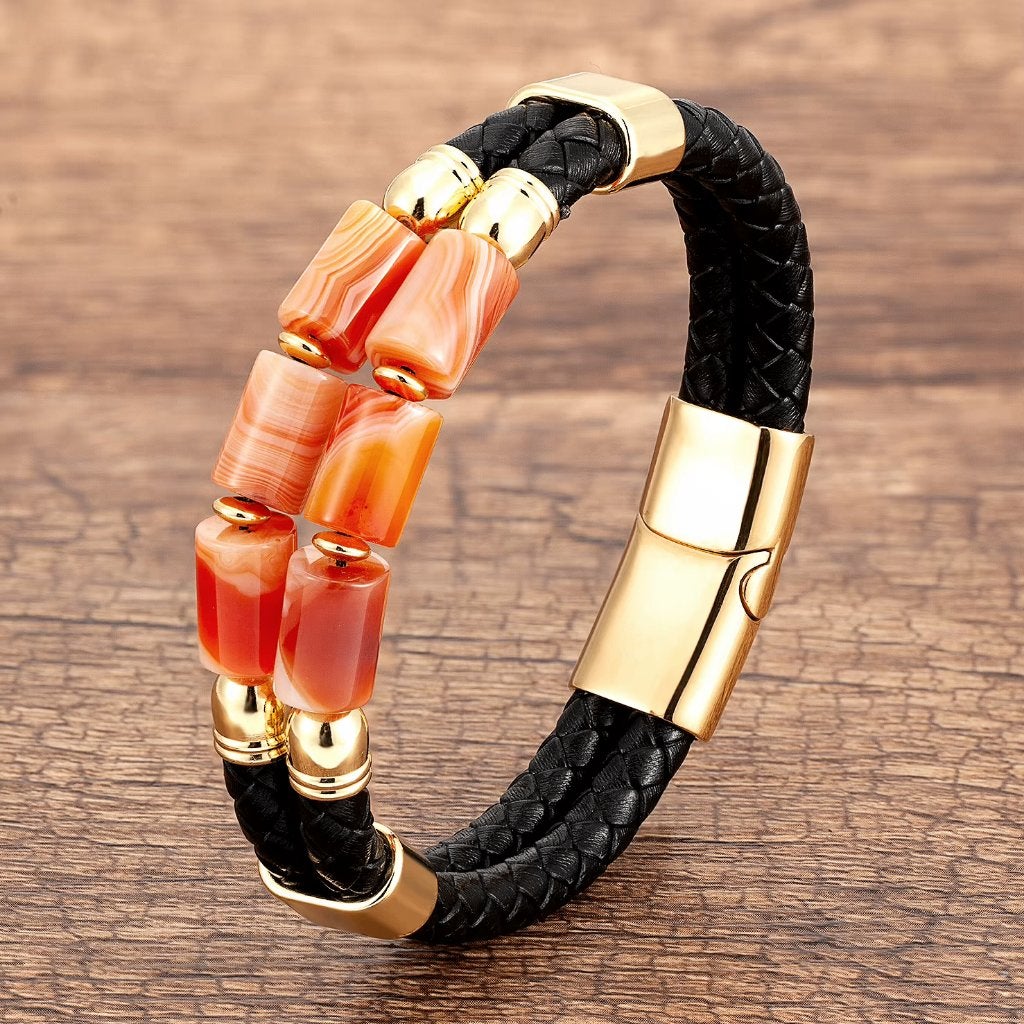 Zwarte Leren Armband Met Oranje Agaat, Verzenden, Zwart, Nieuw, Leer