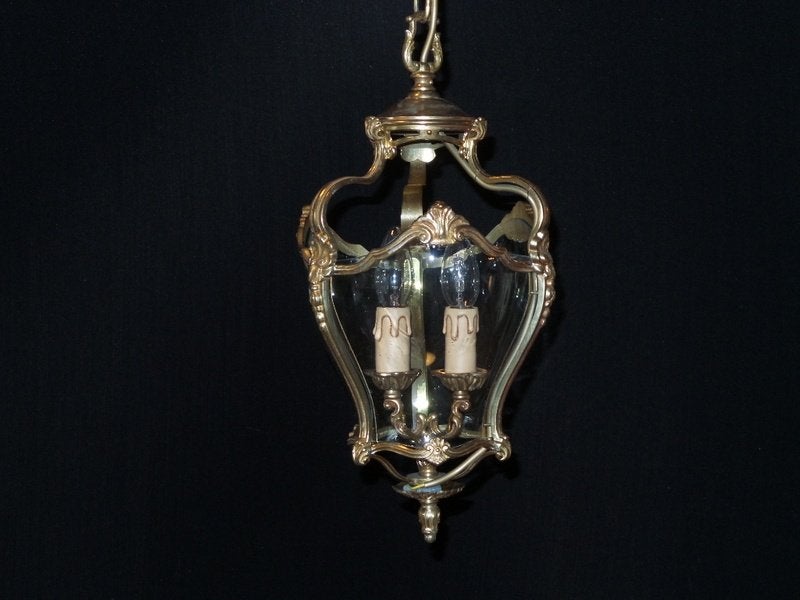 Oude lantaarn met bronzen frame en gebogen glas, Ophalen, Gebruikt, Glas, E14 (klein)