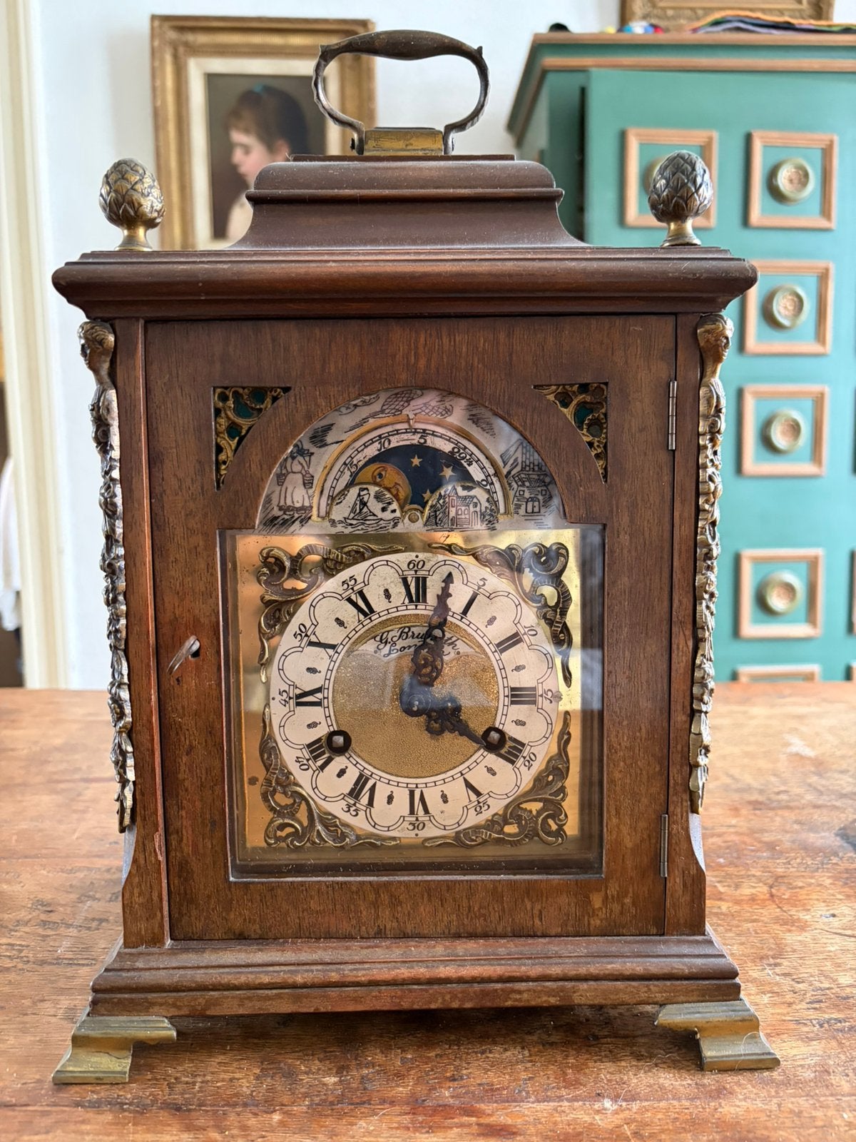 Antieke schoorsteenklok / bracket clock met maanstand, Ophalen of Verzenden