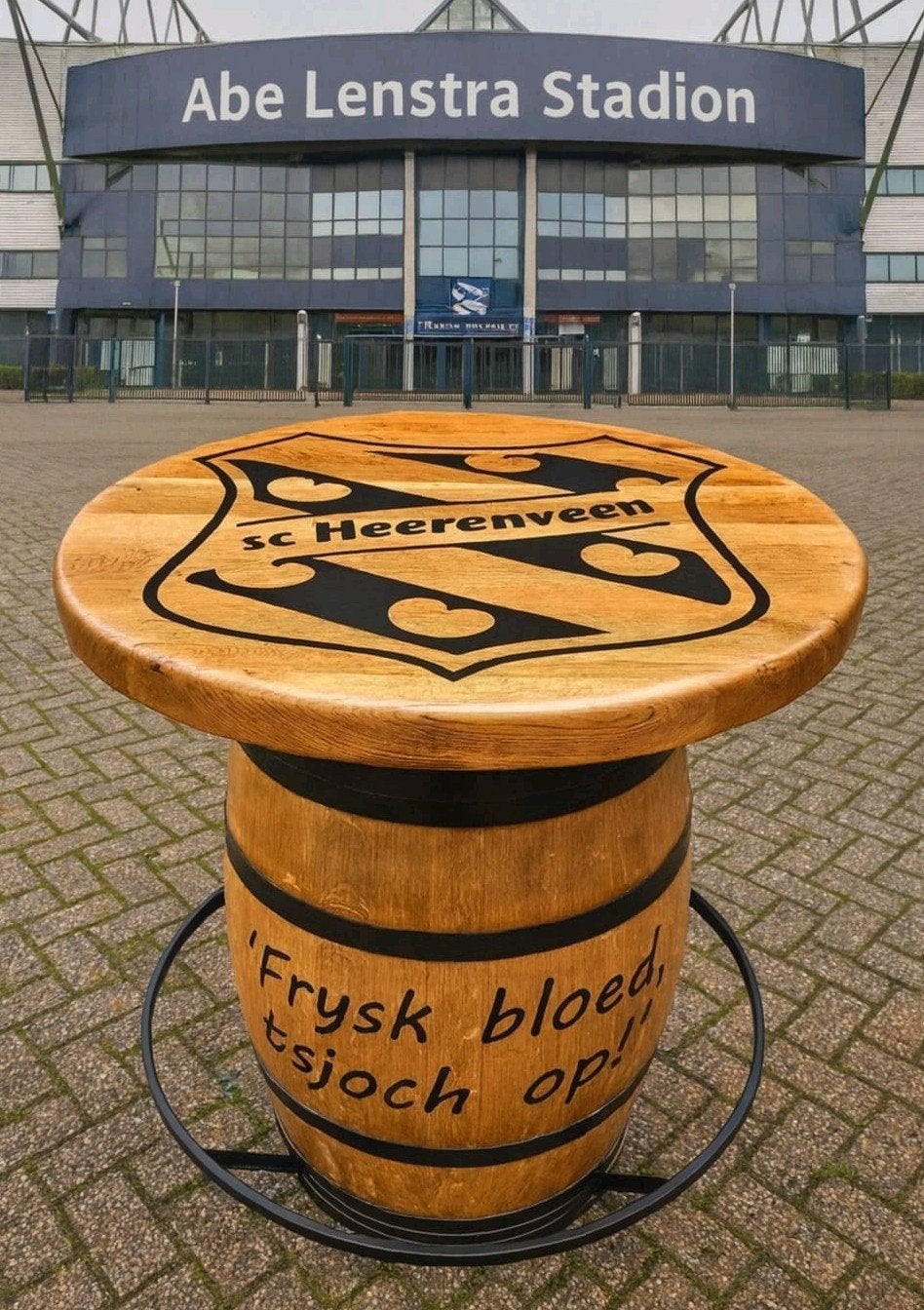 SC HEERENVEEN wijnvat statafel met massief eiken blad, Ophalen of Verzenden, Nieuw, Overige typen