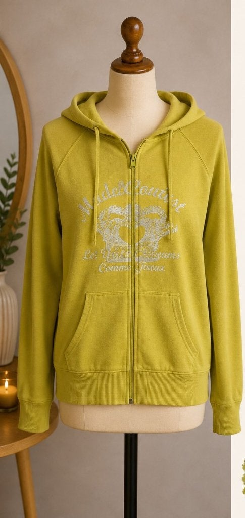 Lime groen vest met zilveren print en capuchon maat 40 42 L, Ophalen of Verzenden, Zo goed als nieuw, Maat 38/40 (M), Groen