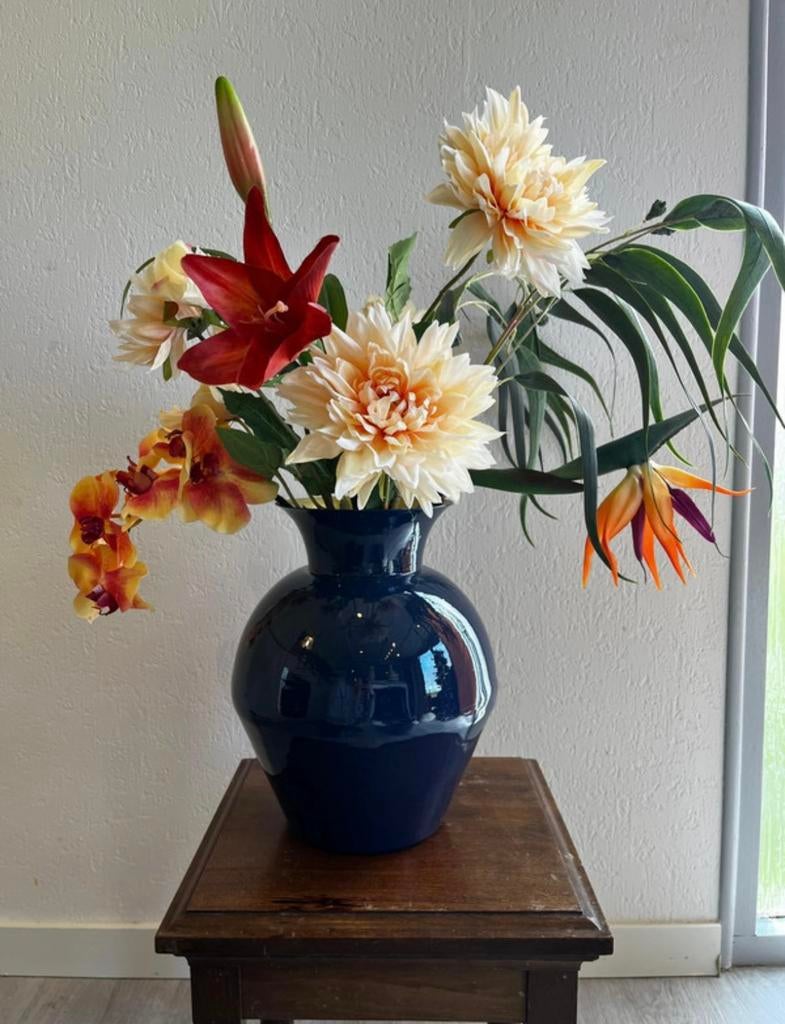 Orchidee en dahlia kunstbloemen boeket nieuw, Ophalen of Verzenden, Zo goed als nieuw