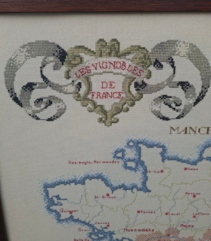 Geborduurde kaart van de Franse wijngebieden in lijst, Ophalen, Gebruikt, Overige typen, 75 tot 100 cm