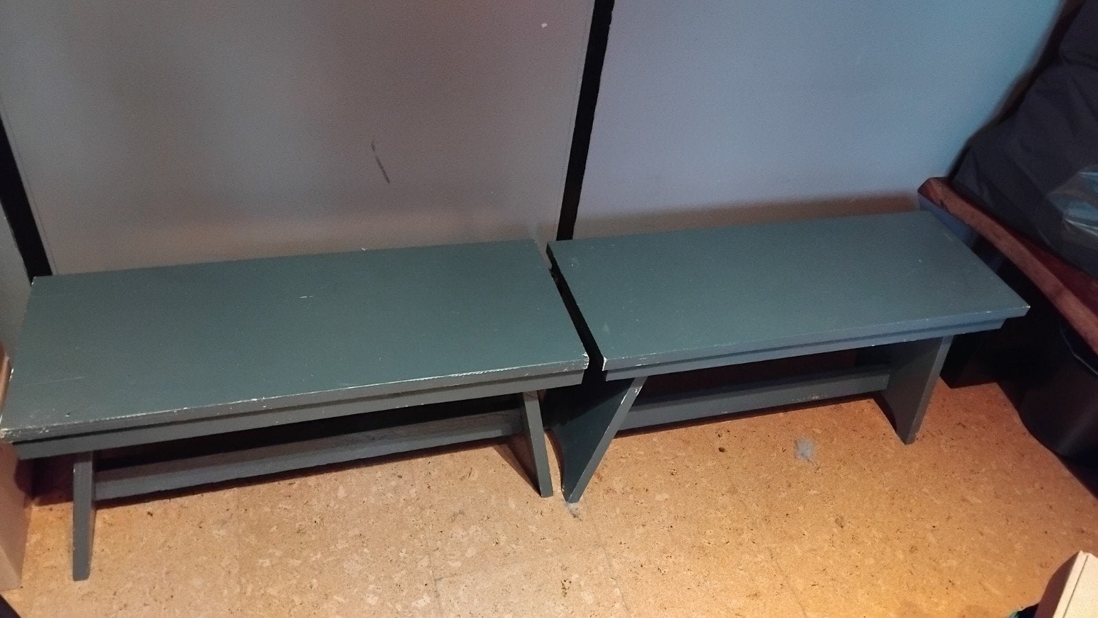 Set van 2 houten bankjes, grijs geverfd, Ophalen, Gebruikt, 100 tot 125 cm, Rustiek, Landelijk