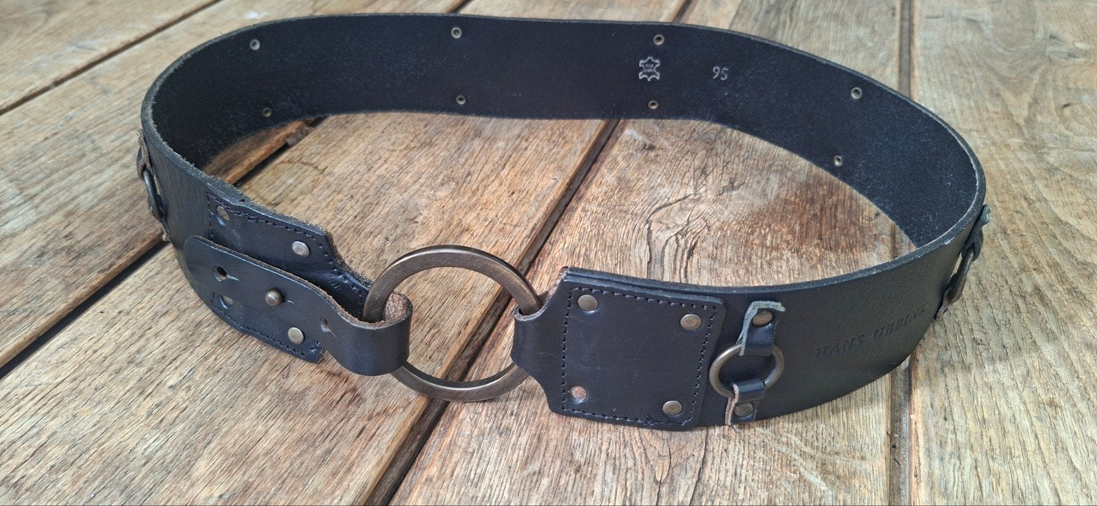 Vintage zwarte leren riem Nederlandse ontwerper Hans Ubbink, Hans Ubbink, 5 cm of meer, 90 tot 100 cm, Ophalen of Verzenden