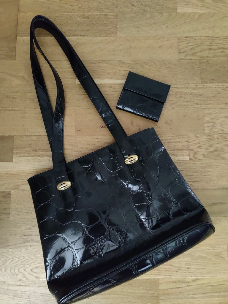 NIEUW. Zwarte vintage lakleren schoudertas met croco-reliëf, Ophalen of Verzenden, Nieuw, Zwart, Schoudertasje