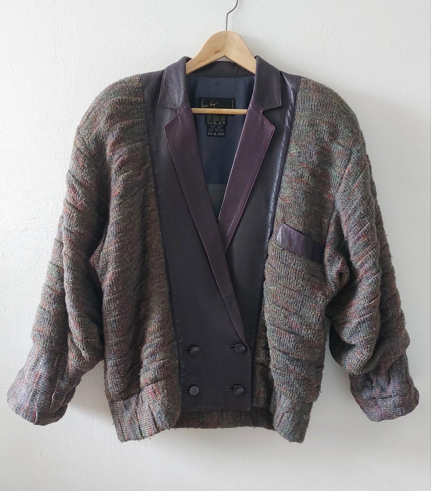 Vintage 80s Studio Fong Leng Jas Cardigan – Wol & leer, Fong Leng, Ophalen of Verzenden, Gedragen, Maat 38/40 (M)