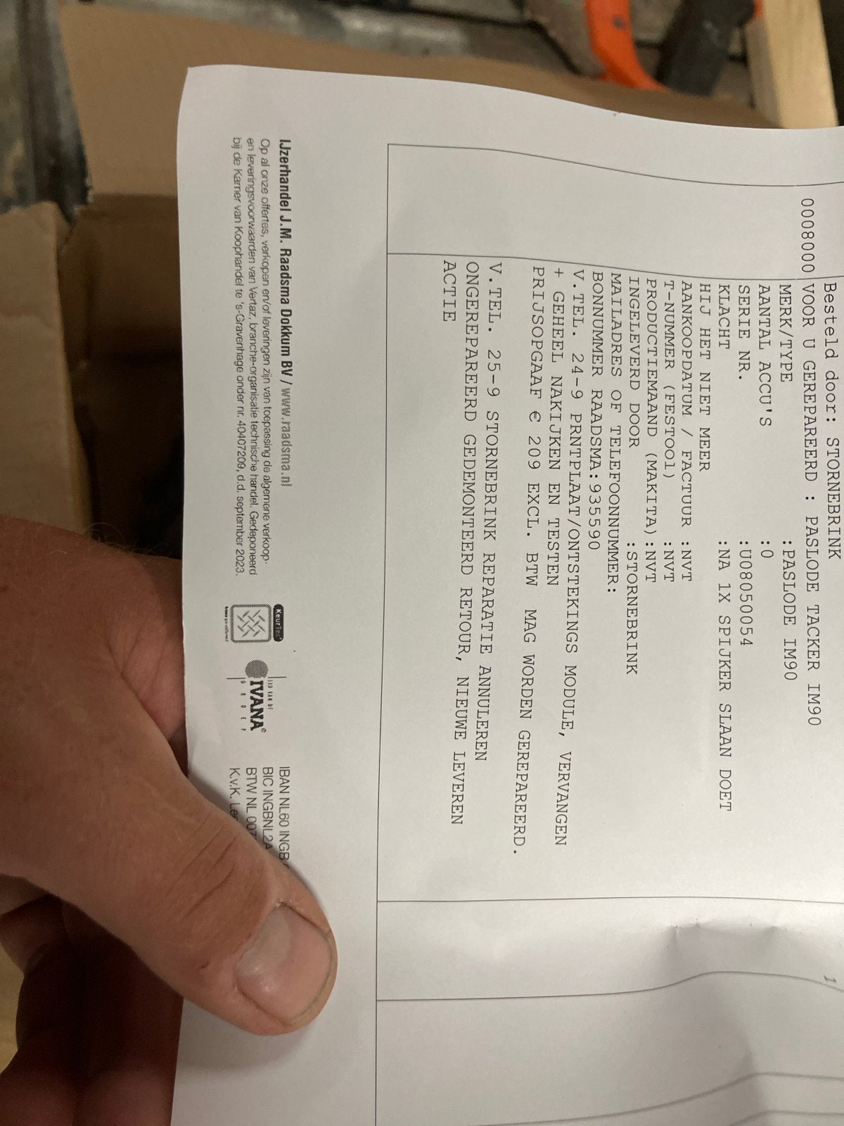 Paslode Tacker IM90 - Defect voor onderdelen, Ophalen of Verzenden, Gebruikt