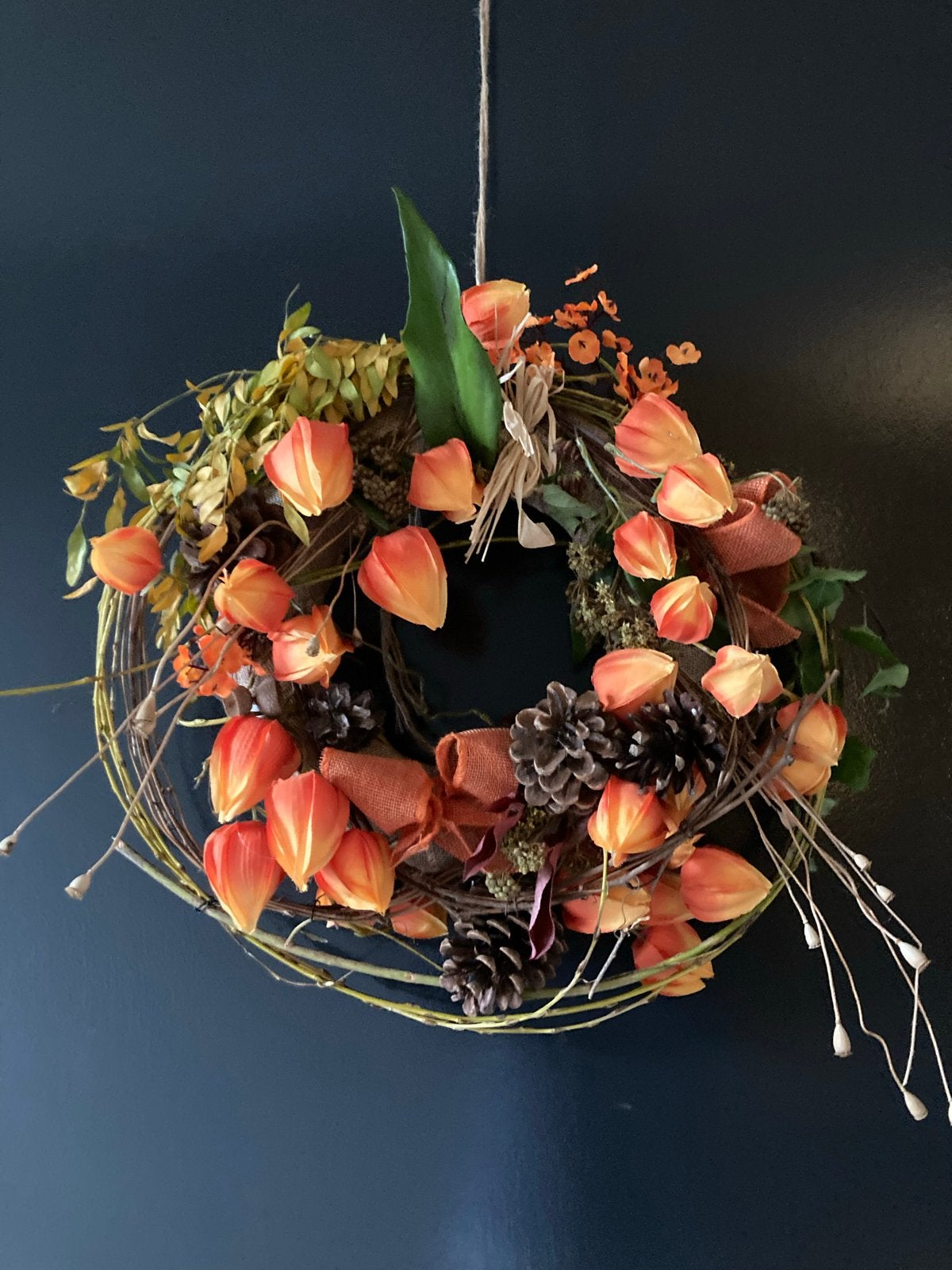 Handgemaakte Herfstkrans met Lampionplantjes, Ophalen of Verzenden, Zo goed als nieuw, Krans, Natuurlijk materiaal