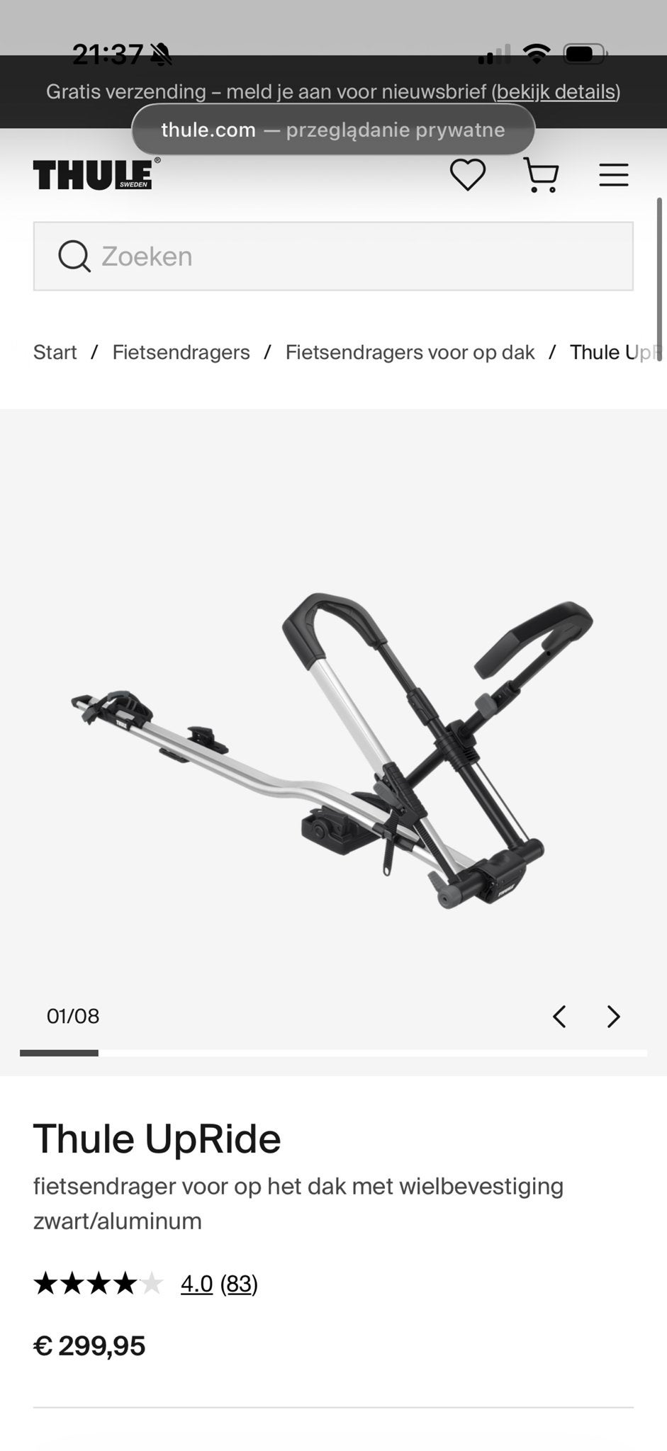 Thule UpRide fietsendrager voor op het dak, Ophalen of Verzenden, Zo goed als nieuw