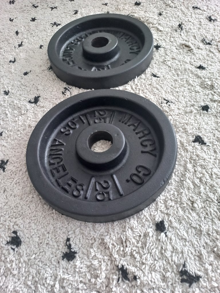 Halterschijven set ijzer 50mm 2x25lbs 2x11,5kg, Ophalen, Zo goed als nieuw, Rug, Halterschijven