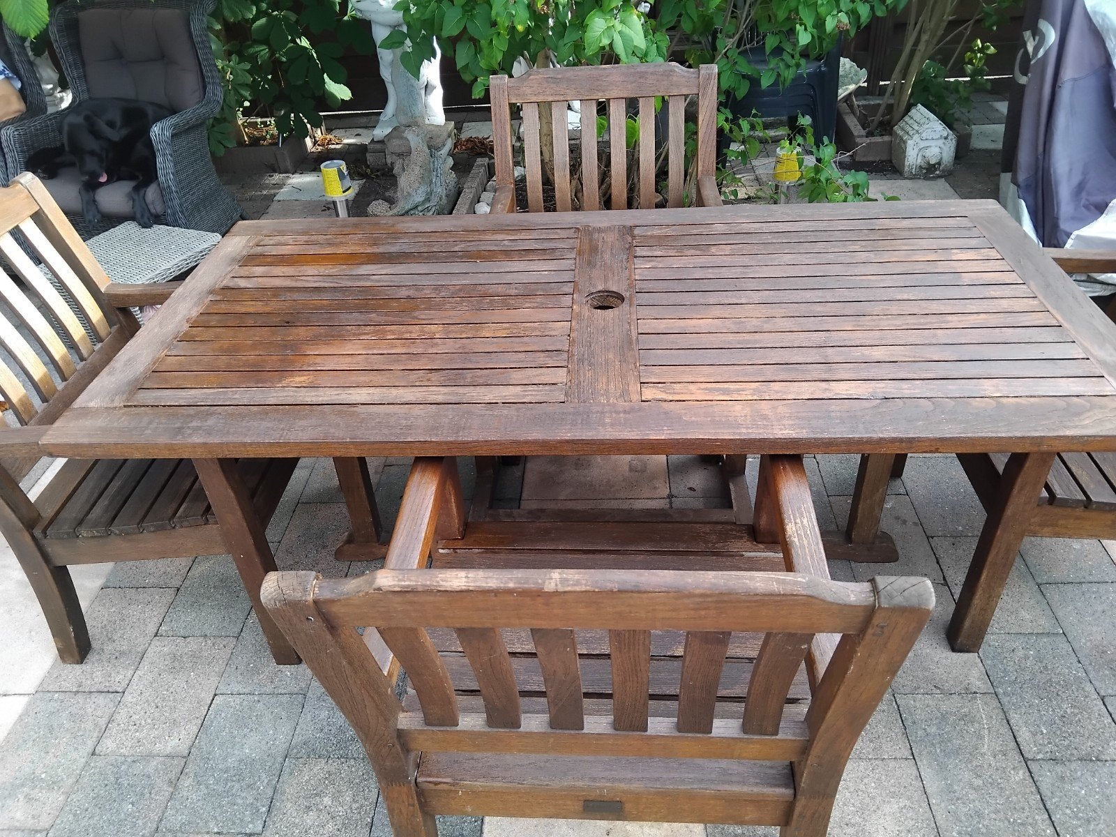 tuintafel en stoelen, Tuin en Terras, Ophalen, Gebruikt, Rechthoekig, Hout