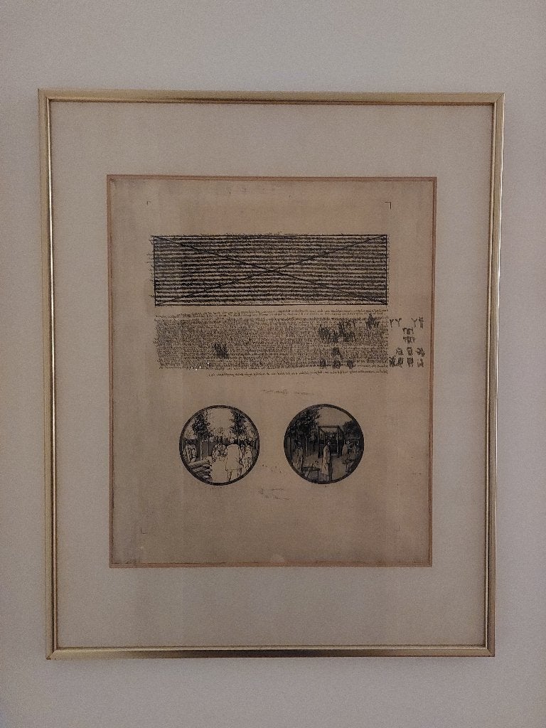 Ets Aad van Houwelingen - Notities bij twee cirkels, Antiek en Kunst, Ophalen, Ets, Ingelijst