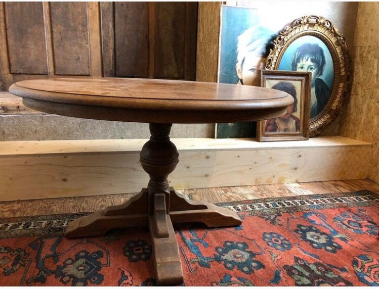 Ronde houten vintage salon-planten tafel, Ophalen, 50 tot 100 cm, Rond, Zo goed als nieuw