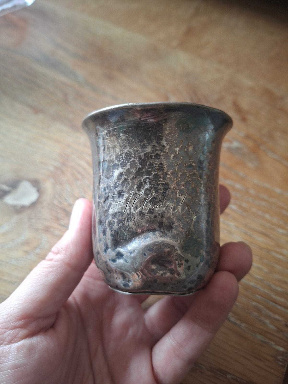 Antiek Duits Zilveren Bekertje met Gravure 'Albert', Antiek en Kunst, Ophalen of Verzenden, Zilver