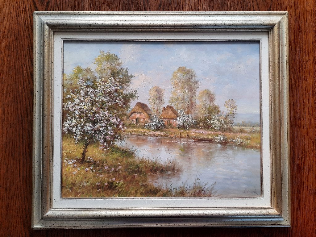 Schilderij, landschap met huisjes, Antiek en Kunst, Kunst | Schilderijen | Klassiek, Paneel, Realistisch, Ophalen of Verzenden