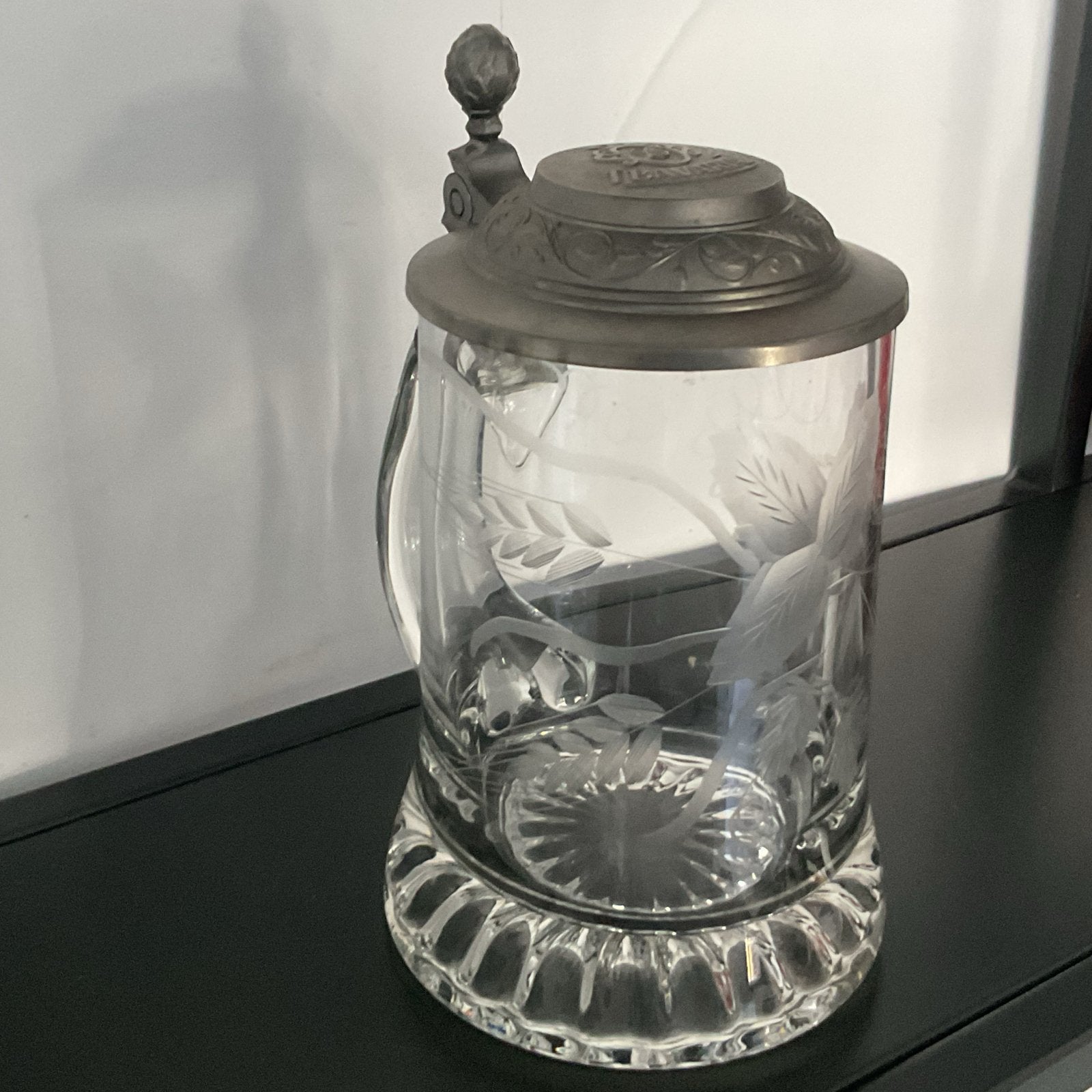 Antieke Glazen Bierpul met Tin Deksel - Bavaria, Ophalen of Verzenden