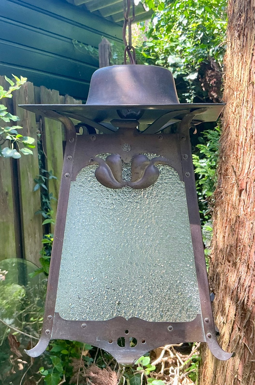 Engelse Arts & Crafts (art nouveau) veranda hanglamp., Ophalen, Handgemaakt, Metaal, Bruin
