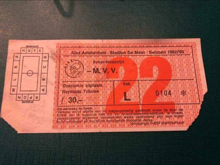 ⚽ Ticket Ajax - Mvv seizoen 1992/1993 ⚽, Ophalen of Verzenden, Zo goed als nieuw, Ajax, Overige typen