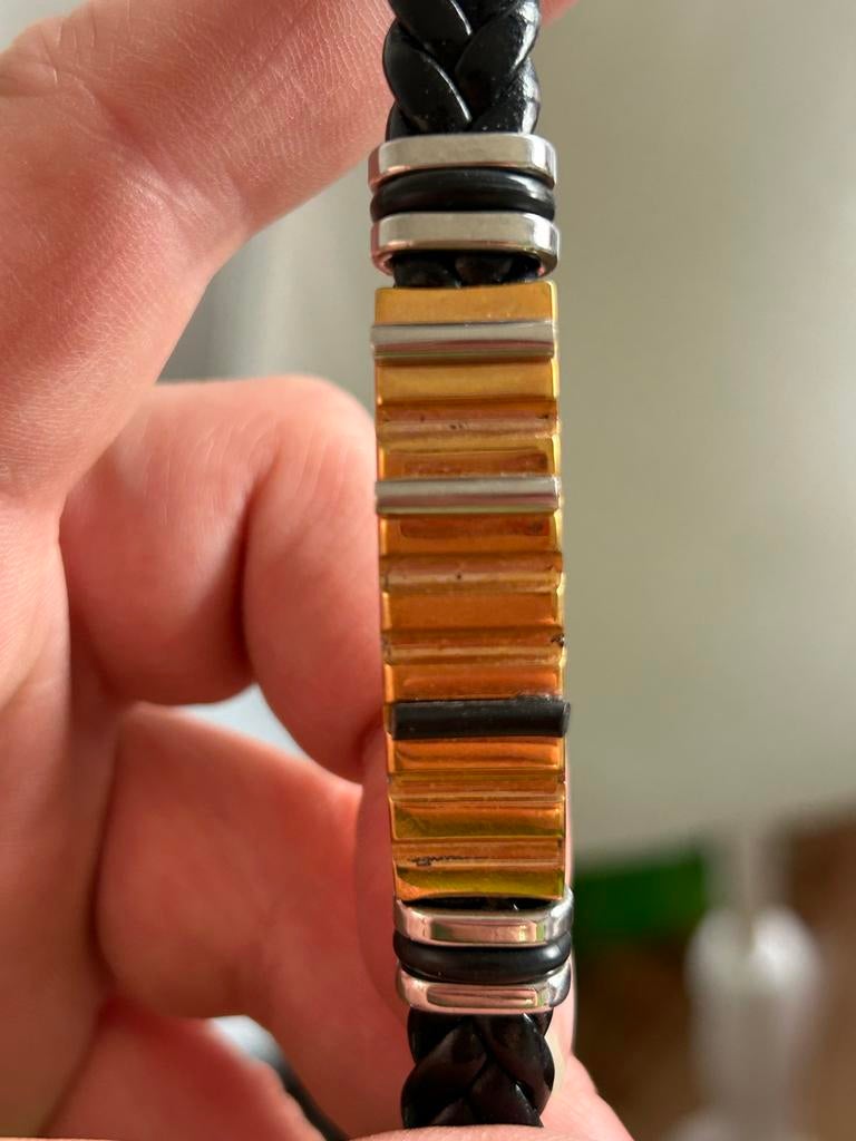 Gevlochten Leren Armband met 14Krt geel-wit en rose goud, Ophalen of Verzenden, Zo goed als nieuw, Zwart, Leer