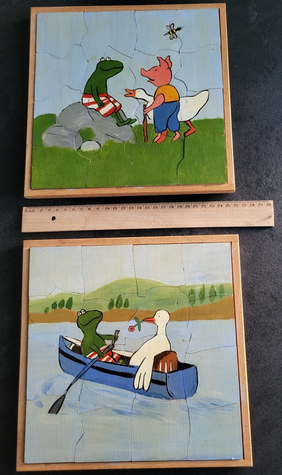 Twee houten Kikker puzzels van Max Velthuijs, 2 tot 4 jaar, Gebruikt, Ophalen of Verzenden, Van hout