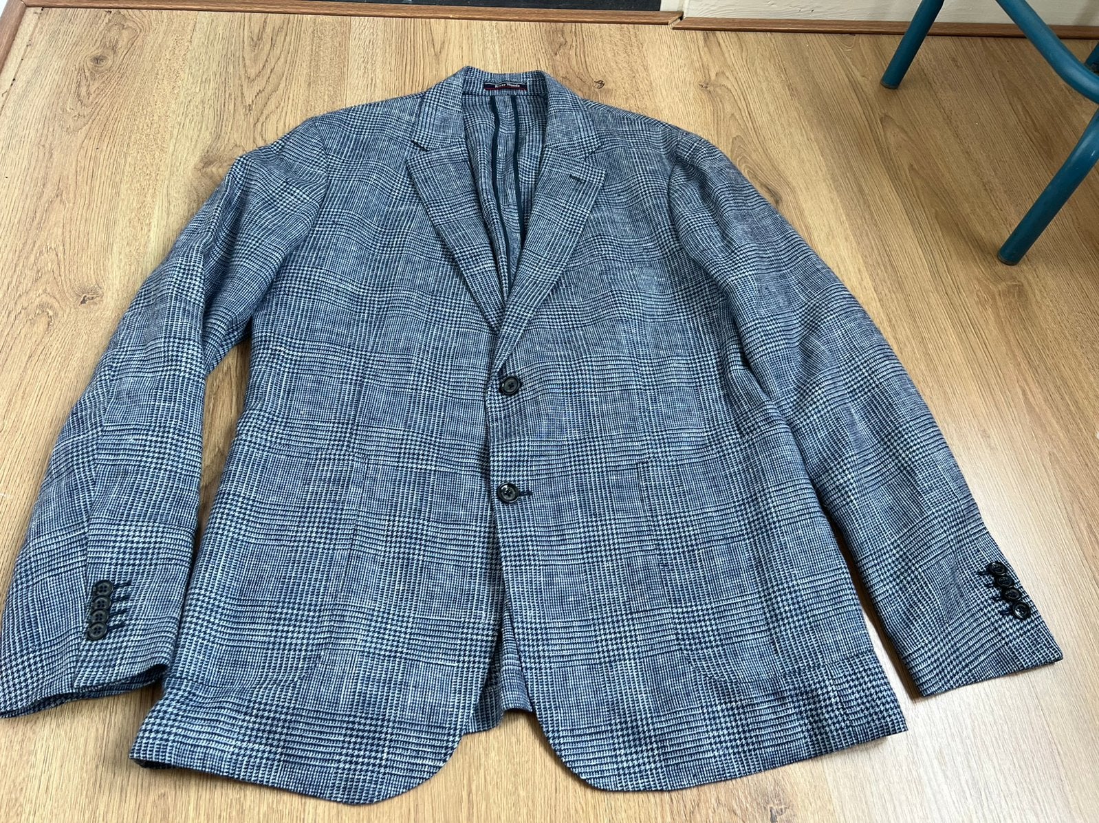 River woods zijde linnen blazer 56 blauw ruitjes, Blauw, Maat 56/58 (XL), Ophalen of Verzenden, Zo goed als nieuw