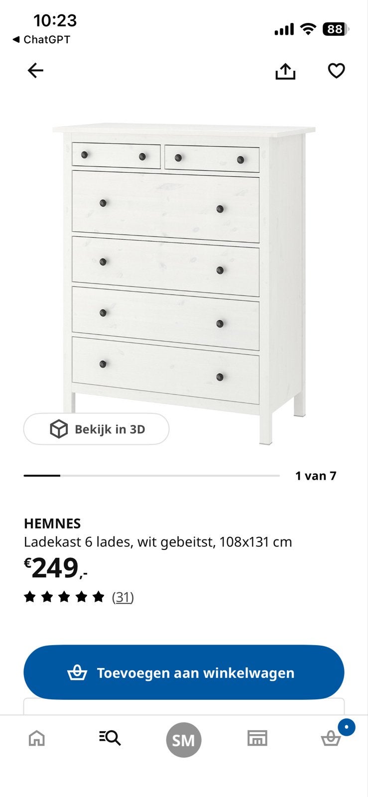 IKEA HEMNES ladekast wit gebeitst, 6 lades, Ophalen, Gebruikt, 5 laden of meer, 100 tot 150 cm