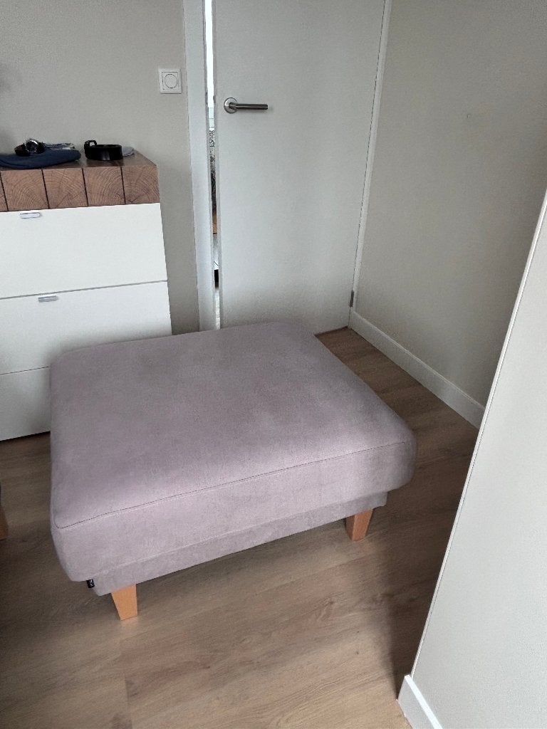 Stijlvolle poef/hocker taupe stof – 70x85cm, Ophalen, Gebruikt, Vierkant, 75 tot 100 cm