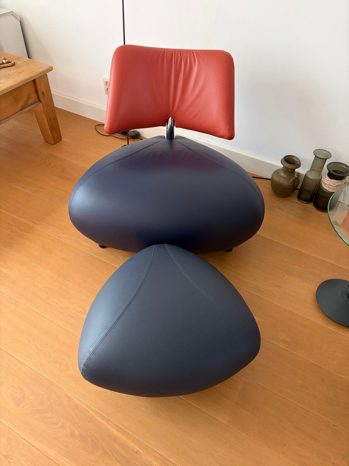 Design fauteuil met poef - Leolux Pallone, leer, Ophalen, Overige kleuren, Leer, Zo goed als nieuw