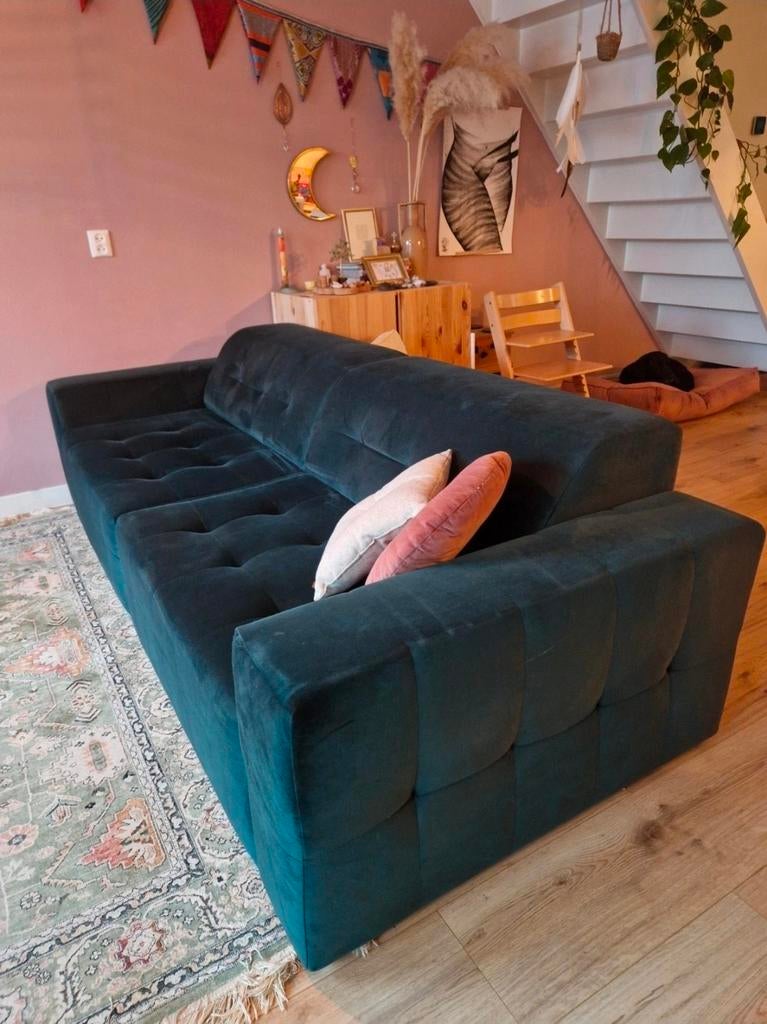 Stijlvolle donkergroene velvet 3 zitsbank, Ophalen, Modern, Luxe, Fluweel, Driepersoons, 75 tot 100 cm