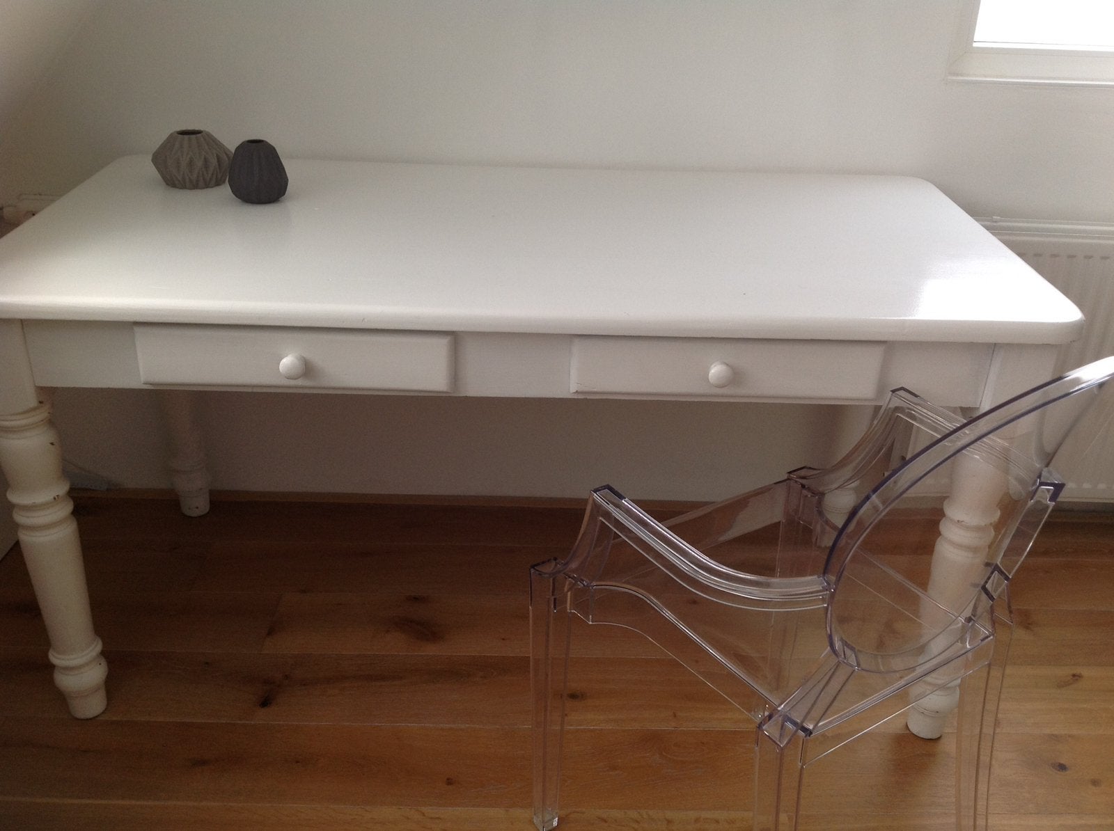 Massief houten tafel, witte lak, L x B x H =160 x 80 x 78, Ophalen, Gebruikt, 150 tot 200 cm, 150 tot 200 cm