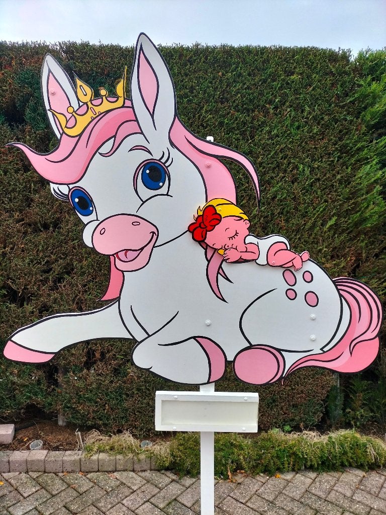 Geboortebord roze paardje geweldig in uw tuin of aan balkon., Ophalen, Nieuw, Geboortebord