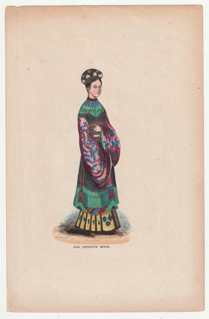 Jong Chineesch meisje ingekleurde prent 1855, Verzamelen, Gebruikt, Verzenden, Klederdracht, Voor 1940