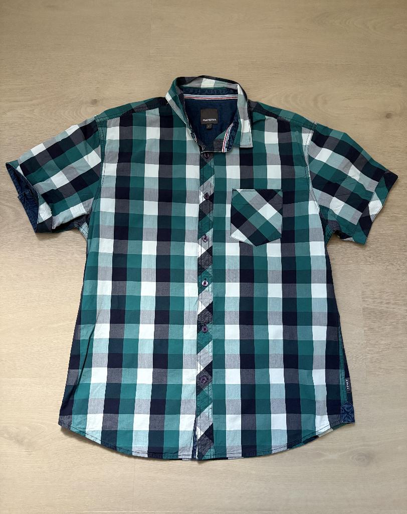 Manguun Overhemd Korte Mouw – Maat XL – Groen Geruit, Kleding | Heren, Ophalen of Verzenden, Gedragen, Halswijdte 43/44 (XL), Groen