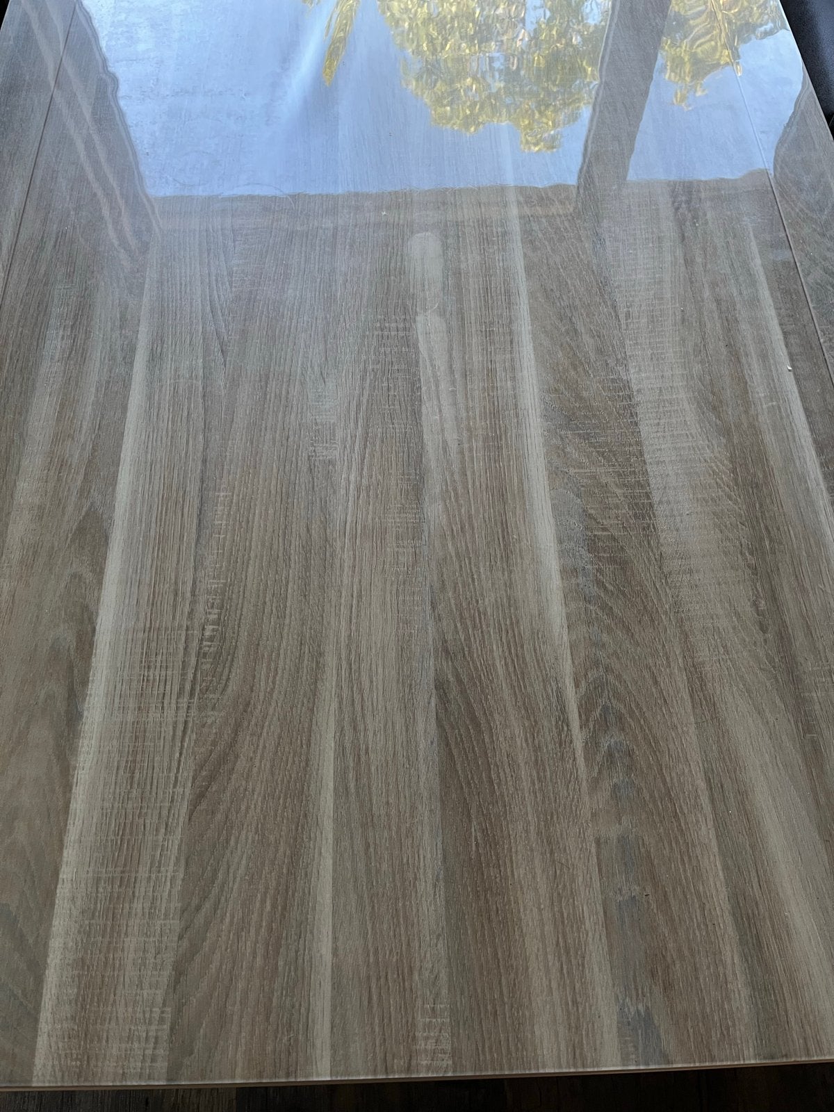 Moderne eettafel met houtlook en passend tafelzeil, Ophalen, Overige materialen, 50 tot 100 cm, Zo goed als nieuw