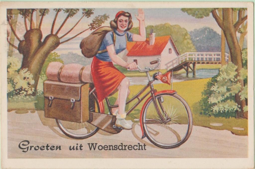 Woensdrecht Groeten uit Fietsvakantie 1957 -fantasiekaart-, Verzenden, 1940 tot 1960, Gelopen, Noord-Brabant