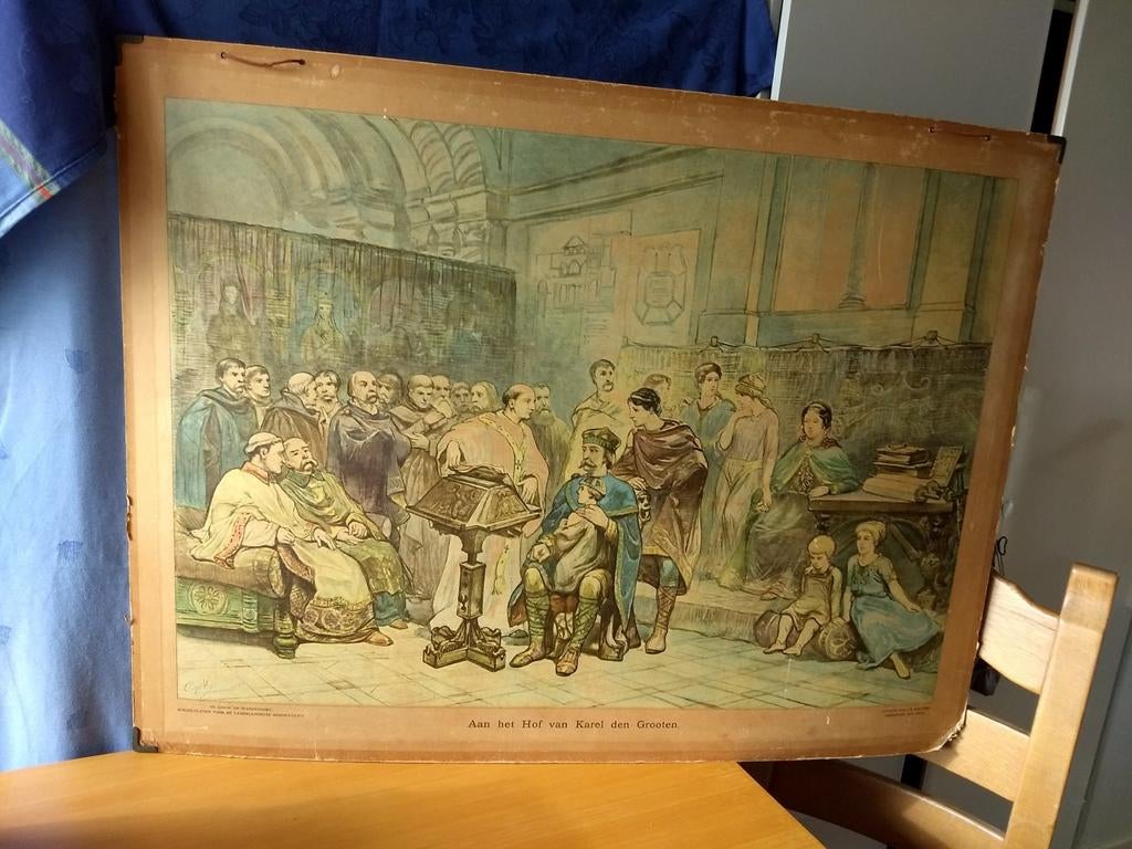 Schoolplaat aan het Hof van Karel de Grote, Antiek en Kunst, Antiek | Schoolplaten, Ophalen of Verzenden, Geschiedenis