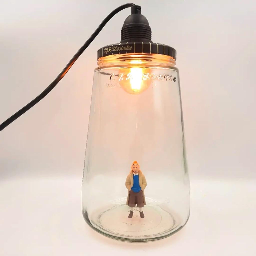 Kesbekelamp met Kuifje | Glazen hanglamp voor gang of toilet, Industrieel stripfiguur vintage retro, Nieuw, Ophalen of Verzenden