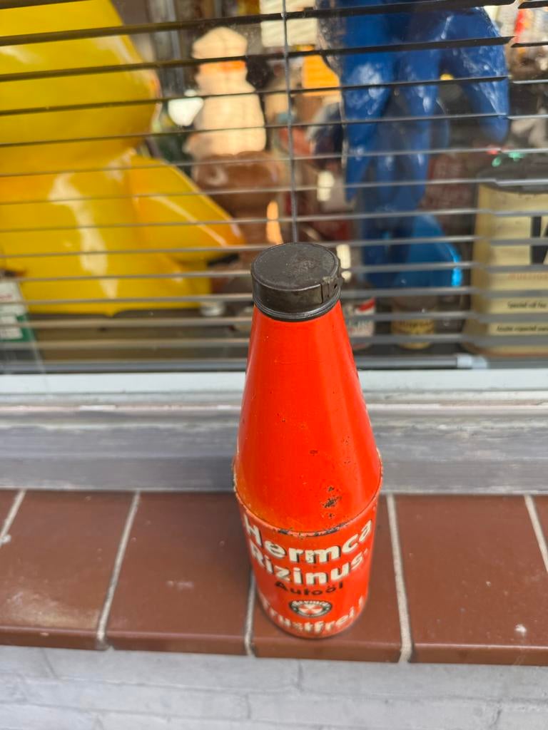Vintage Hermca Rizinus Autoöl blik Conisch, Verzamelen, Gebruikt, ., ., .