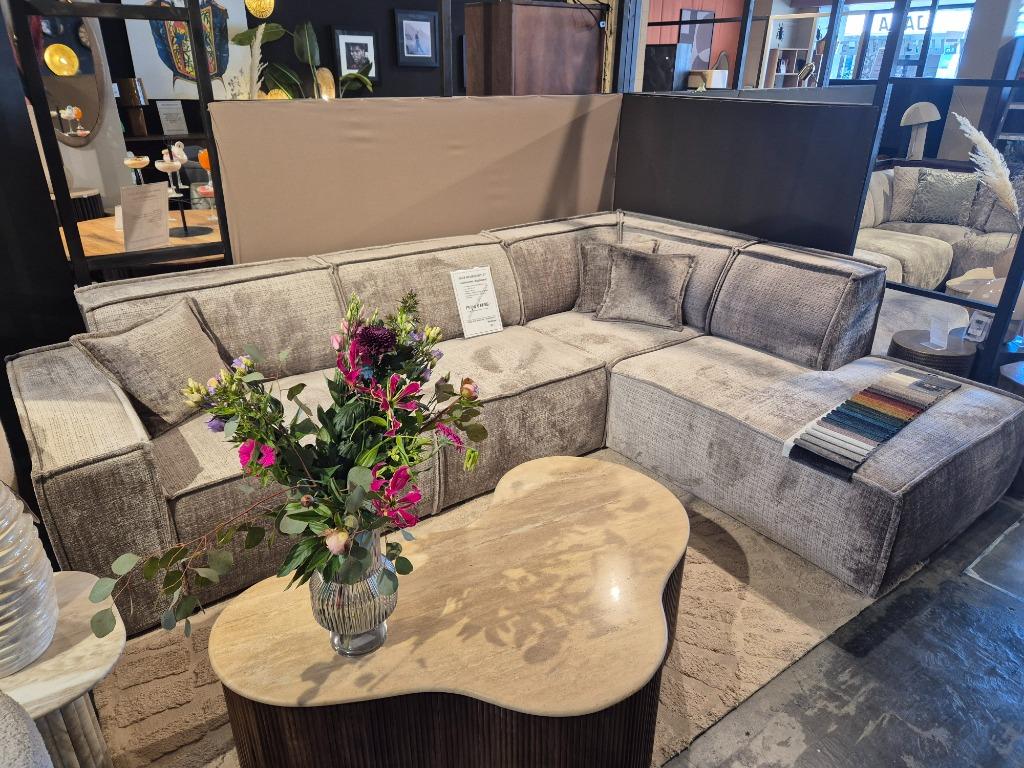 Salontafel Mangohout en Travertin 129 x 84 cm Showmodel!, Ophalen, 100 tot 150 cm, Bornsestraat 31, 50 tot 100 cm
