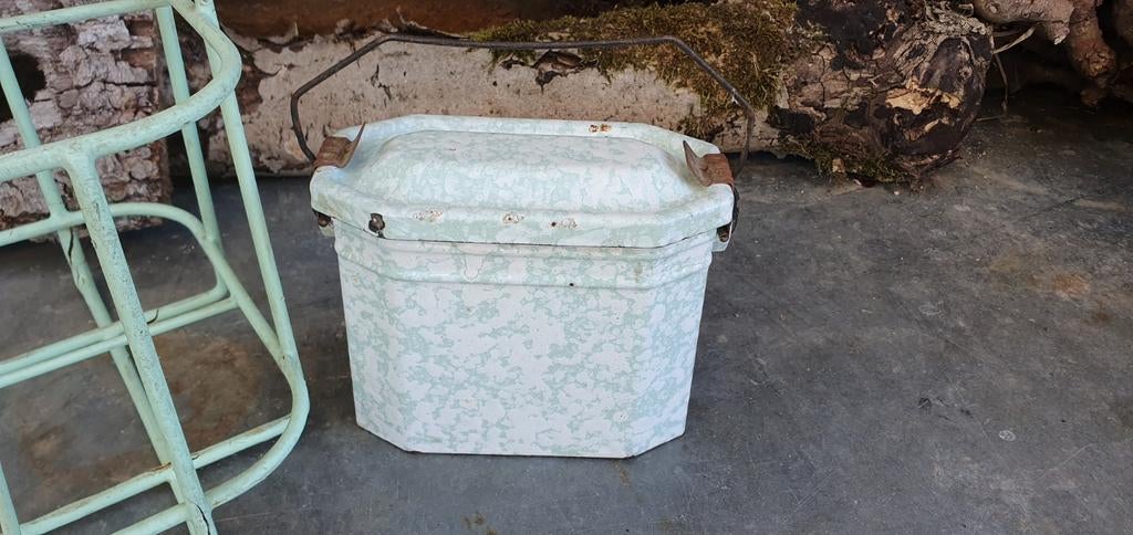 Franse vintage mintgroen emaille etensdrager lunchtrommel, Antiek en Kunst, Ophalen of Verzenden