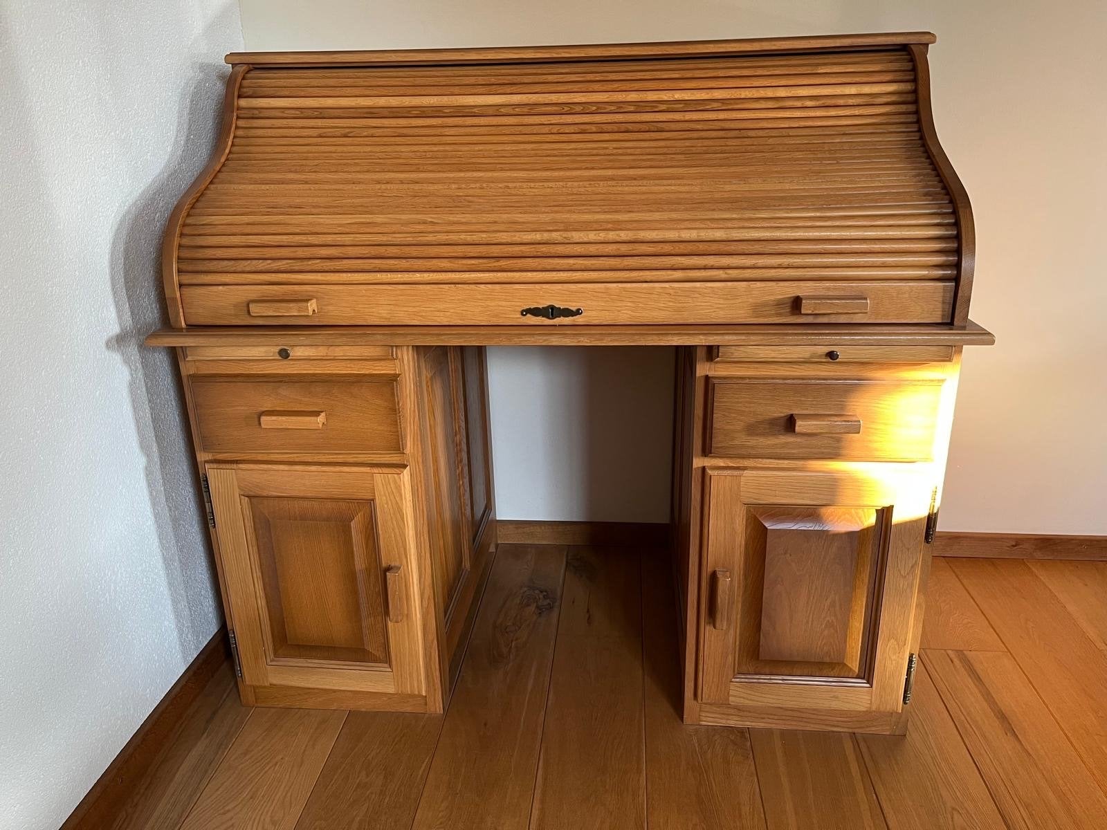 Blank eiken patine bureau met rolluik, Huis en Inrichting, Bureaus, Gebruikt, Secretaire, Klassiek, Hout, Bruin, Met lades, Ophalen
