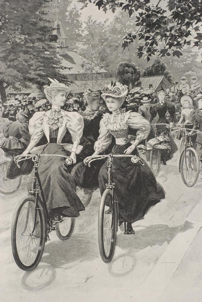 Fietsende dames in Battersea Park - Antieke illustratie 1895, Verzamelen, Foto's en Prenten, Zo goed als nieuw, Overige onderwerpen