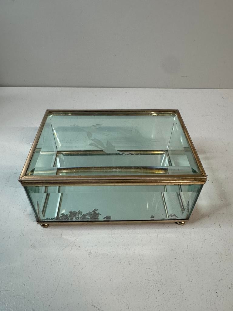 Vintage Glazen Sieradendoosje met Messing Rand, Antiek en Kunst, Ophalen of Verzenden