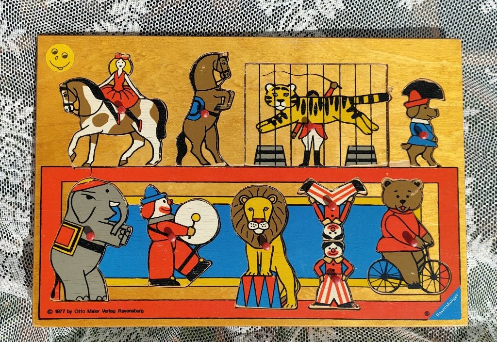 Knopjespuzzel van circus / 1977 / Tijger / Leeuw / Beer Hout, Ophalen of Verzenden, 10 tot 50 stukjes, Gebruikt, 6 maanden tot 2 jaar