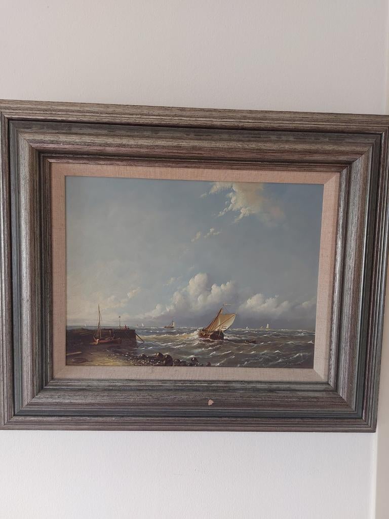 Schilderij Kust met Bootjes, gesigneerd H.M. van Meulen, Antiek en Kunst, Kunst | Schilderijen | Klassiek, Ophalen