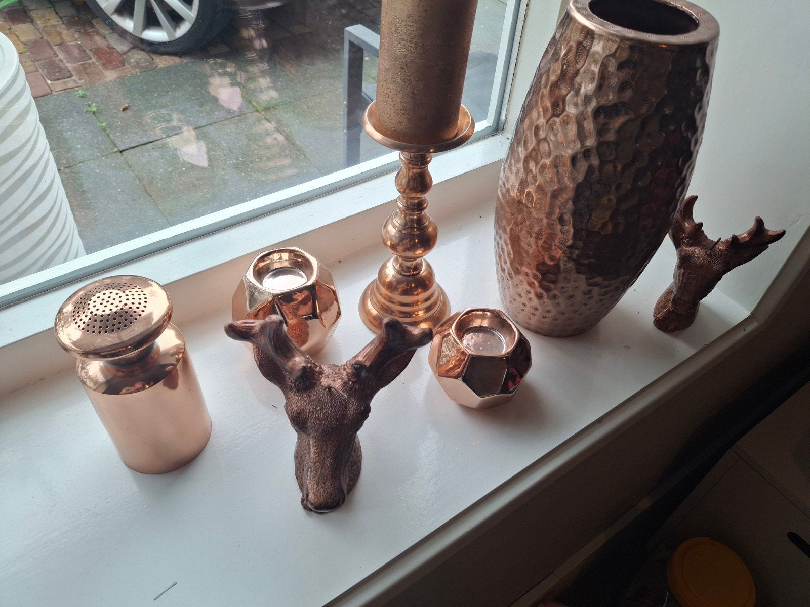 Koperkleurige decoratie set: vaas, kandelaar, Gebruikt, Meerkleurig, Ophalen of Verzenden, Metaal
