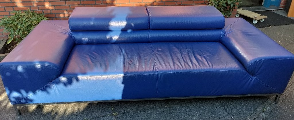 Kobalt (blauw) leren bankstel, Ophalen, Gebruikt, 100 tot 125 cm, Driepersoons